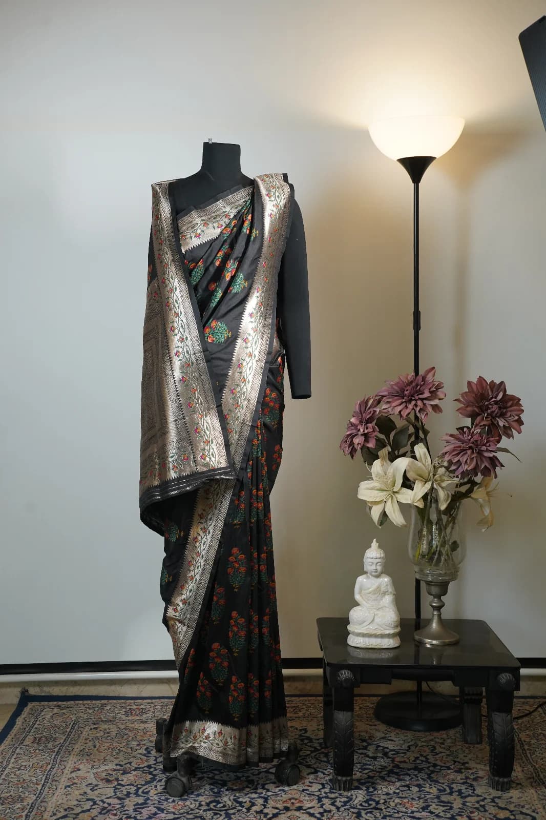 Midnight Black Viscose Silver Zari Motif Saree