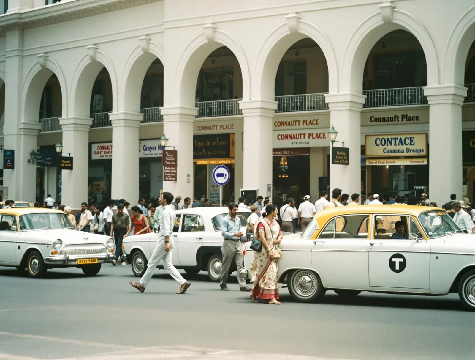 Connaught Place around 1979 — office-goers, Ambassadors and taxis outside the colonnade (illustration)