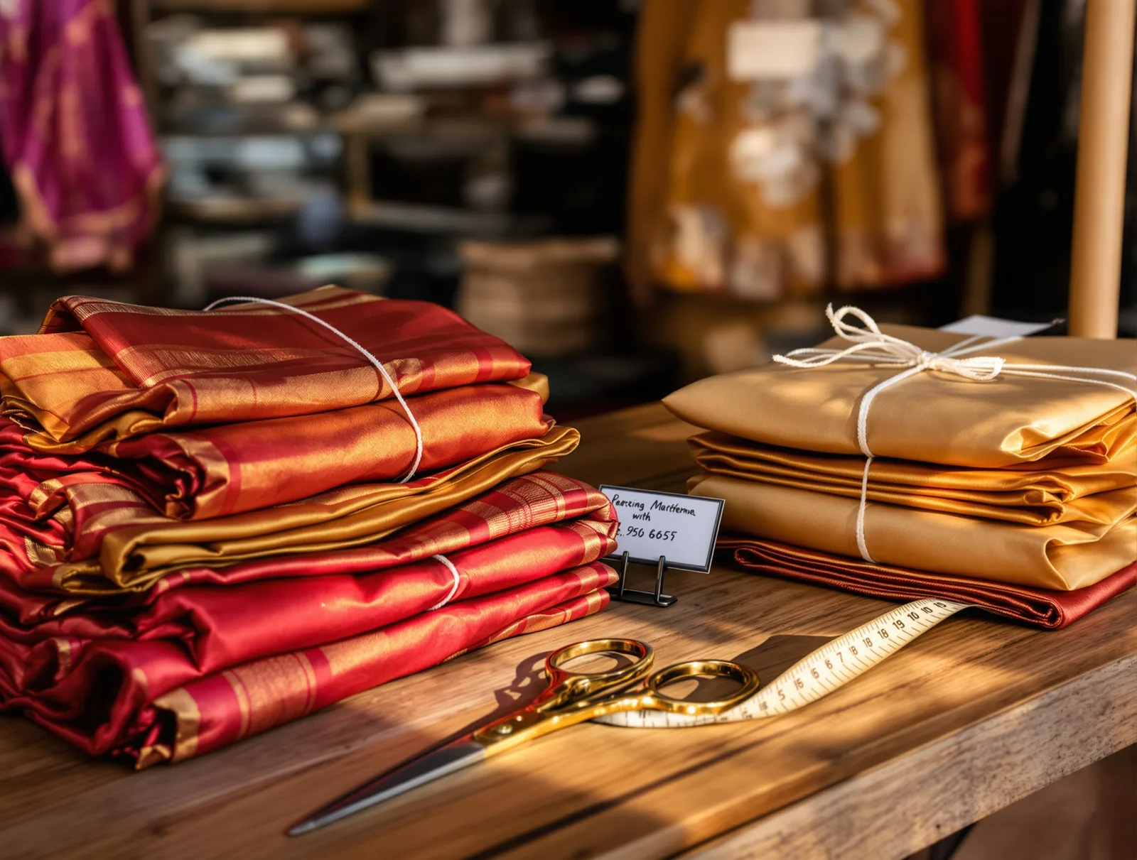 Folded silk sarees and paper parcels tied with string on the shop counter, ready to post