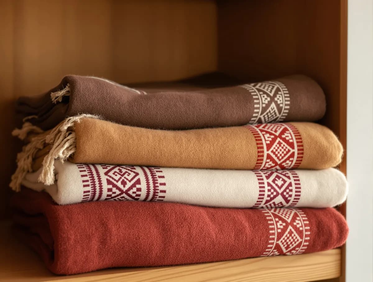 Folded wool shawls with woven borders stacked on a shelf