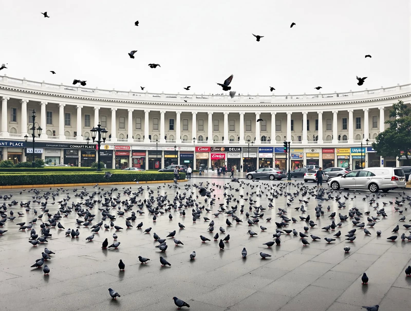 Connaught Place today — the white colonnade and pigeons on the plaza