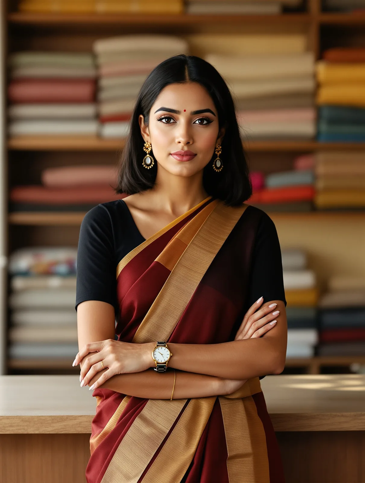 Modern Indian woman in a deep red handloom saree with a mustard gold border, worn contemporary-style over a black blouse, at the Textile House counter