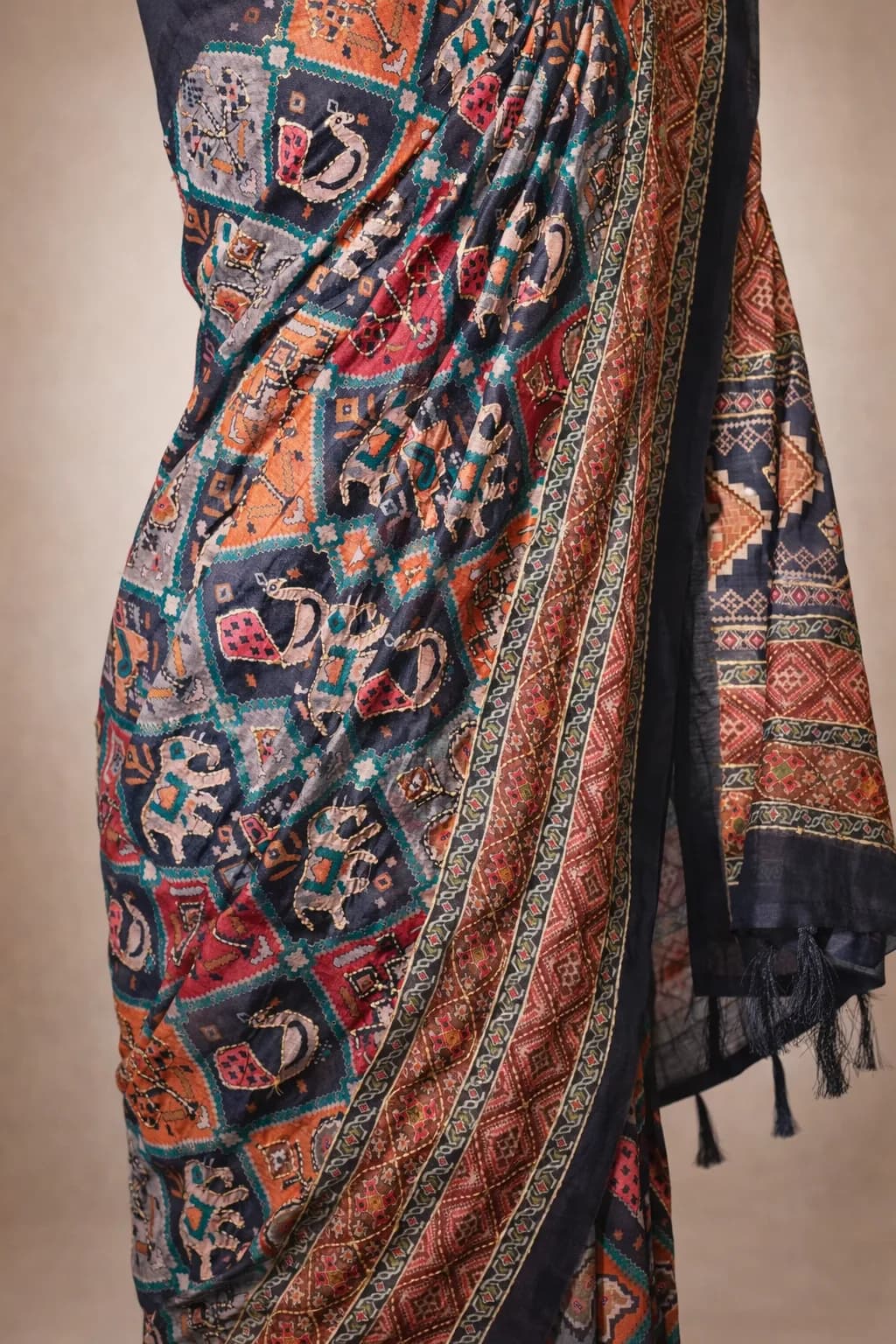 Grey Satin Silk Red Border Saree
